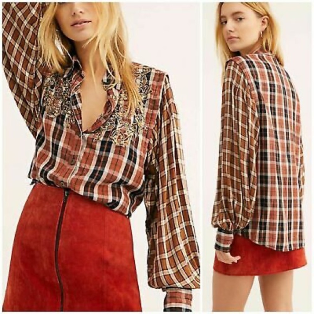 Free People Snow Mountains Beaded Plaid Top Small